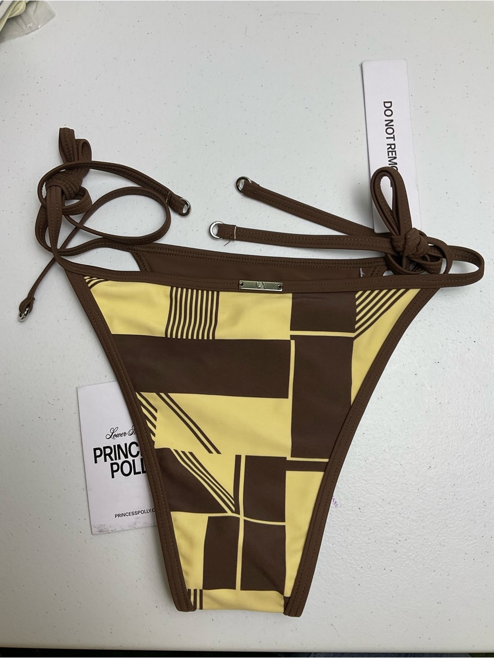 Princess Polly Beasley Tie-Side Bikini Bottoms Brown with Yellow Geometric